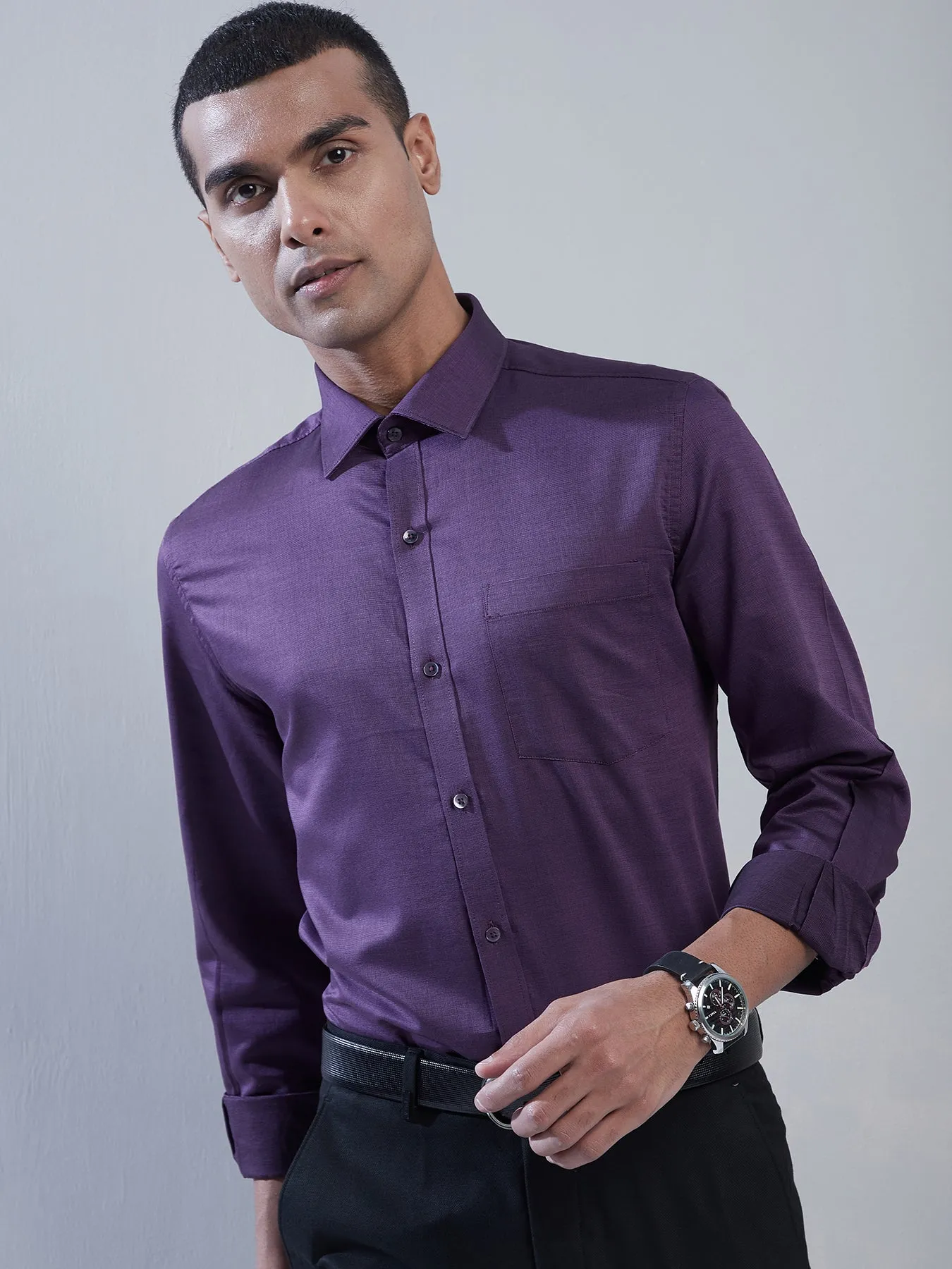 100% Cotton Purple Dobby Slim Fit Full Sleeve Formal Shirt
