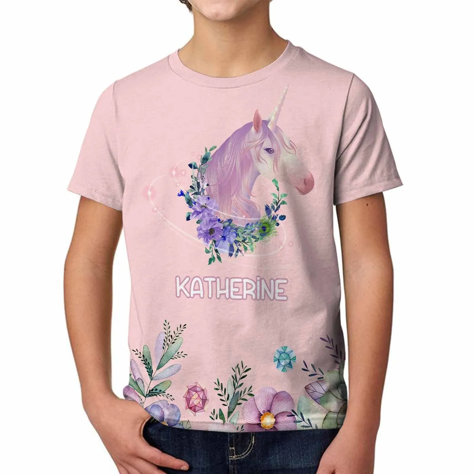 #6-15Y Custom Name Unicorn Flower Kid's T-shirt Print Your Own Personalized Text Name on Tshirt