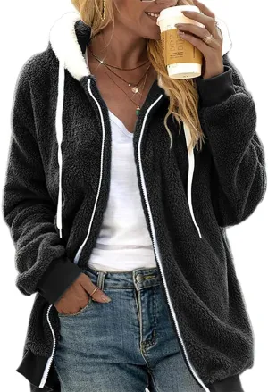 Akivide Women's Fleece Jackets Fashion Hooded Sweatshirt Oversized Fall Winter Zipper Coats Warm Outwear for Women