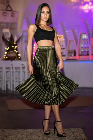 Back In Stock Queencii  Glow Night Metallic Pleated Long Skirt Green