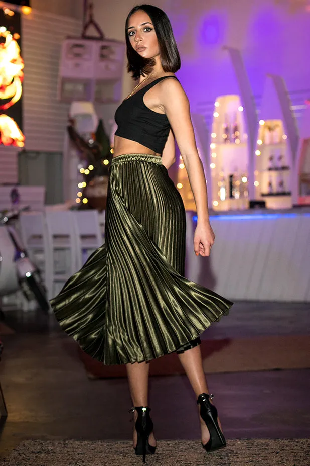 Back In Stock Queencii  Glow Night Metallic Pleated Long Skirt Green
