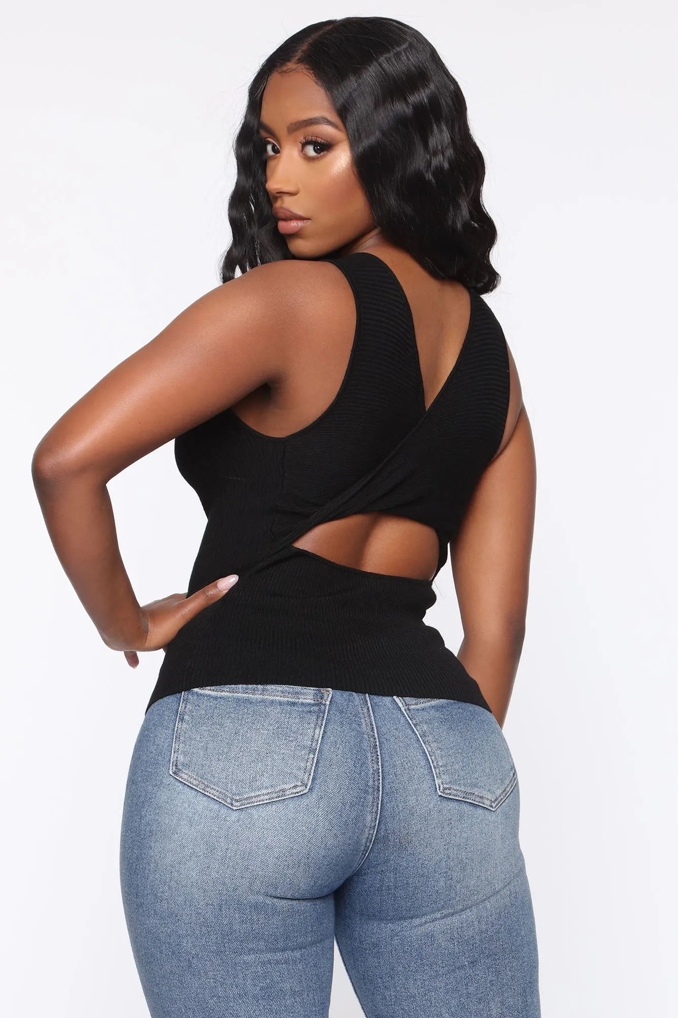 Behind My Back Ribbed Sweater Top - Black