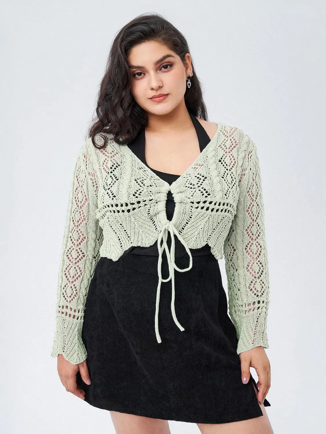 CIDER Women's V Neck Cropped Sweater Cardigan with Bell Sleeves and Bow Tie Trendy Curve Cardigans Plus Size