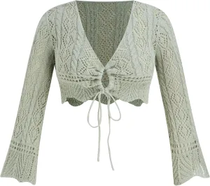 CIDER Women's V Neck Cropped Sweater Cardigan with Bell Sleeves and Bow Tie Trendy Curve Cardigans Plus Size