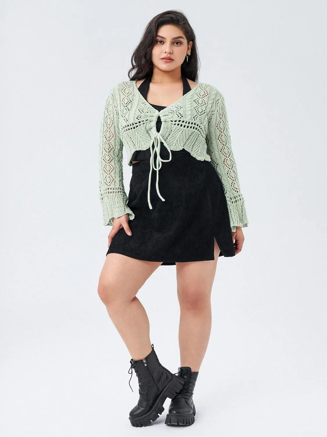 CIDER Women's V Neck Cropped Sweater Cardigan with Bell Sleeves and Bow Tie Trendy Curve Cardigans Plus Size
