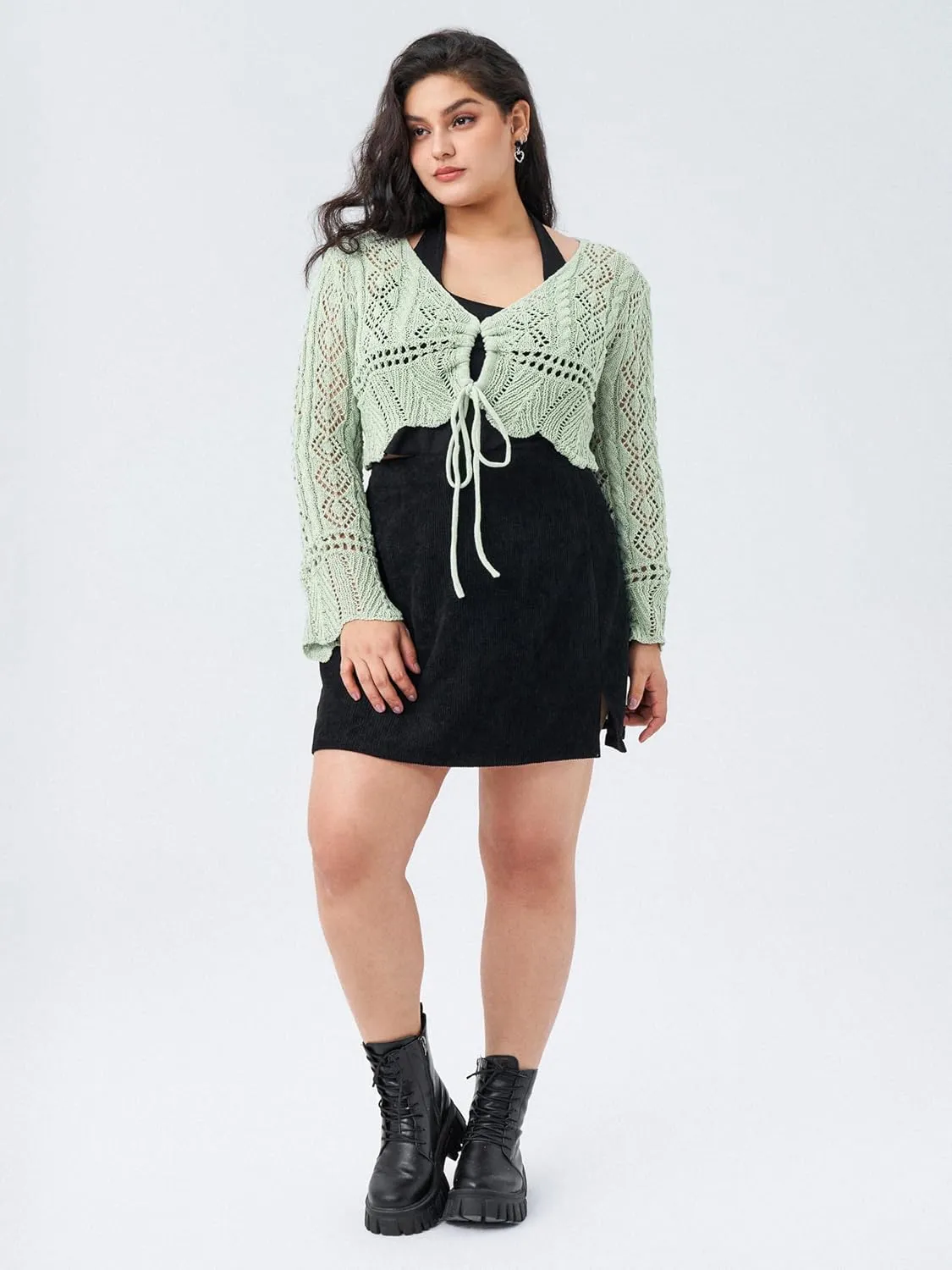 CIDER Women's V Neck Cropped Sweater Cardigan with Bell Sleeves and Bow Tie Trendy Curve Cardigans Plus Size