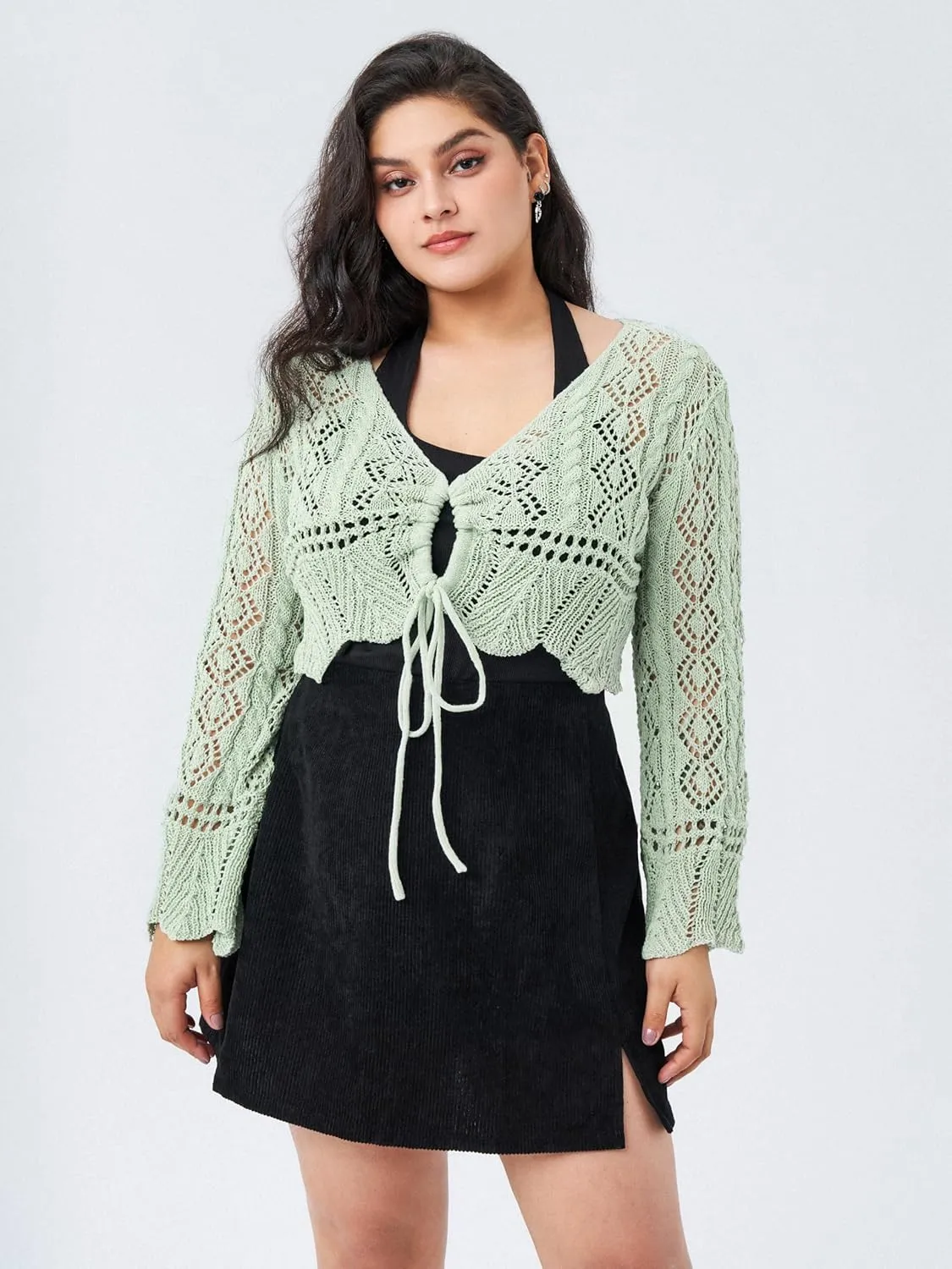 CIDER Women's V Neck Cropped Sweater Cardigan with Bell Sleeves and Bow Tie Trendy Curve Cardigans Plus Size