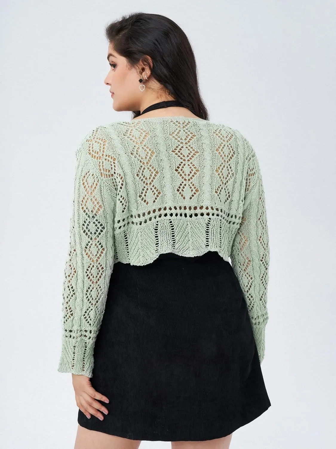CIDER Women's V Neck Cropped Sweater Cardigan with Bell Sleeves and Bow Tie Trendy Curve Cardigans Plus Size
