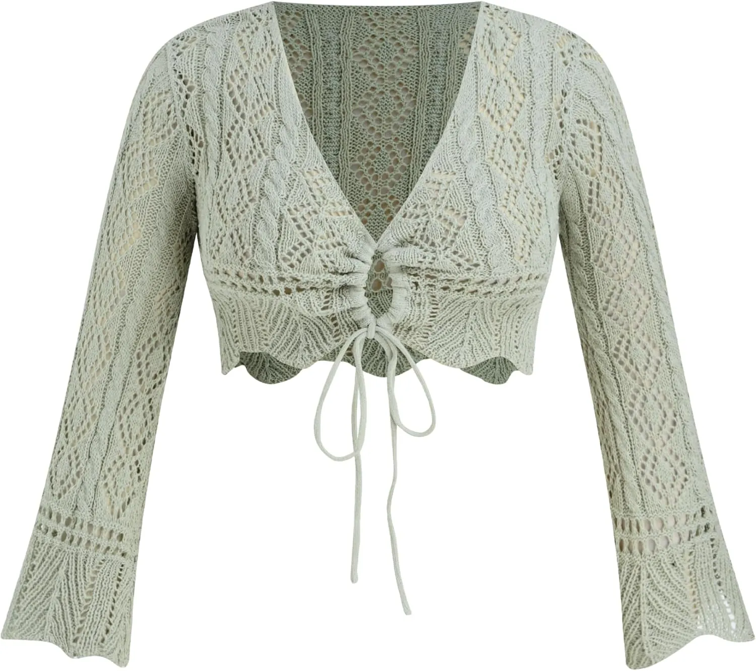 CIDER Women's V Neck Cropped Sweater Cardigan with Bell Sleeves and Bow Tie Trendy Curve Cardigans Plus Size