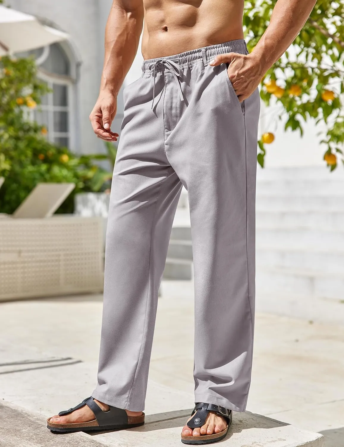 COOFANDY Men's Casual Linen Pants Elastic Waist Drawstring Beach Summer Pants Lightweight Linen Trousers