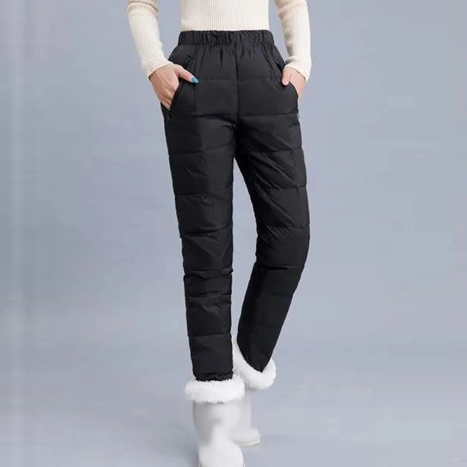 Cotton Pants for Women Fleece Lined Down Pants Elastic High Waist Quilted Sweatpants 2024 Winter Thick Plush Trousers
