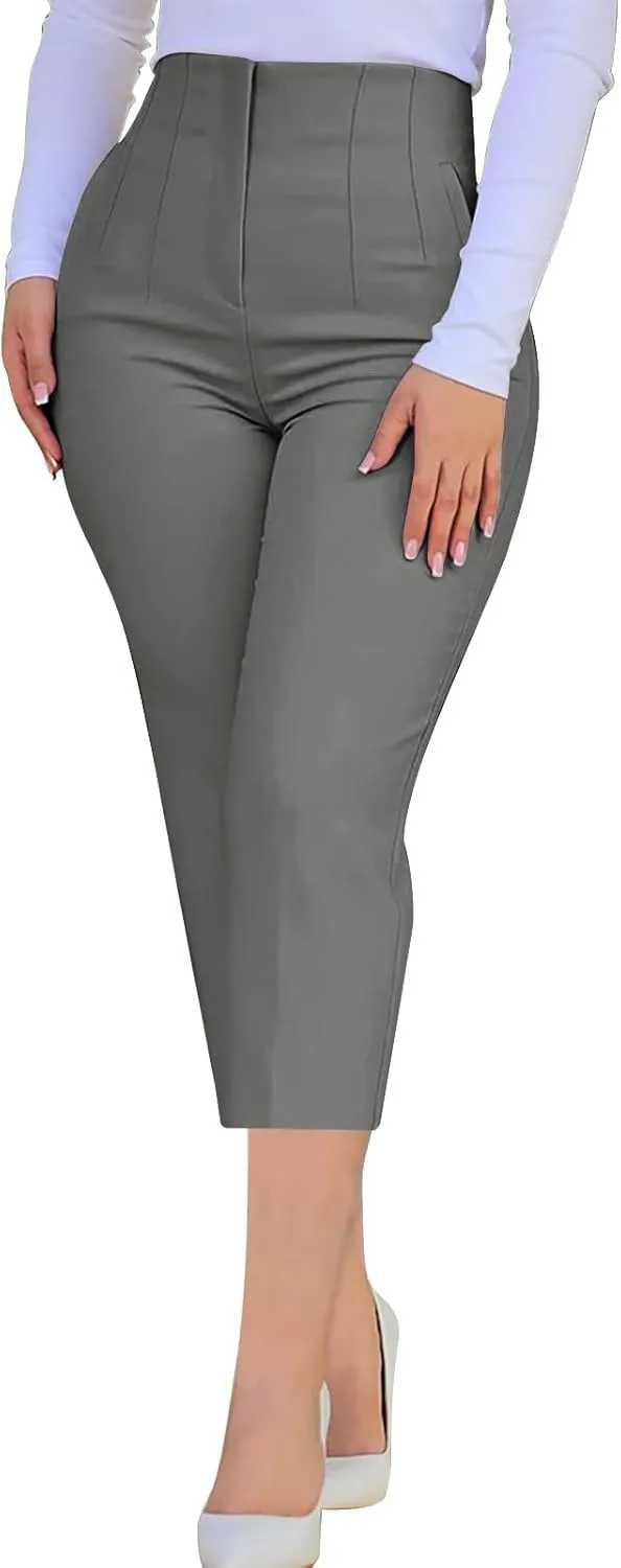 Cropped Pants for Women High Waist Pleated Pants Business Work Pants Straight Leg Slim Fit Office Trousers