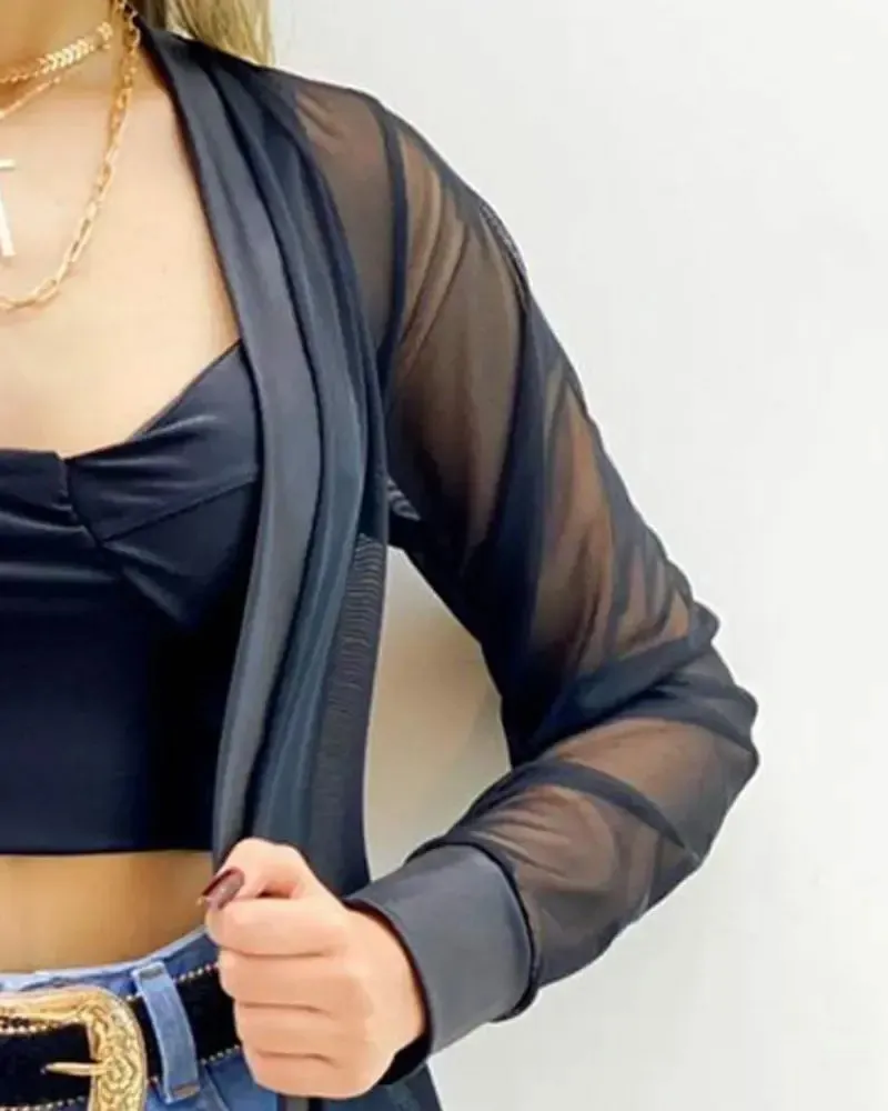 Deanwangkt - Open Front Long Sleeve Sheer Mesh Top