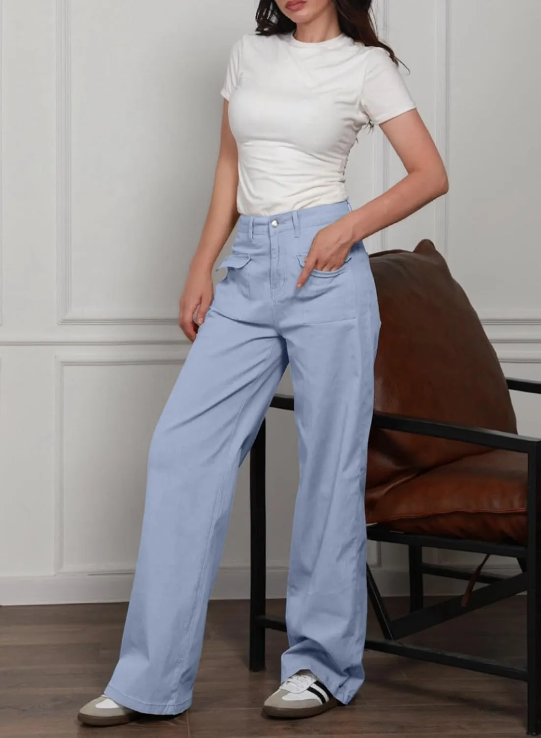 Dokotoo Womens Cargo Pants Women Baggy Wide Leg High Waist Casual Pants Jean Stretch Pants