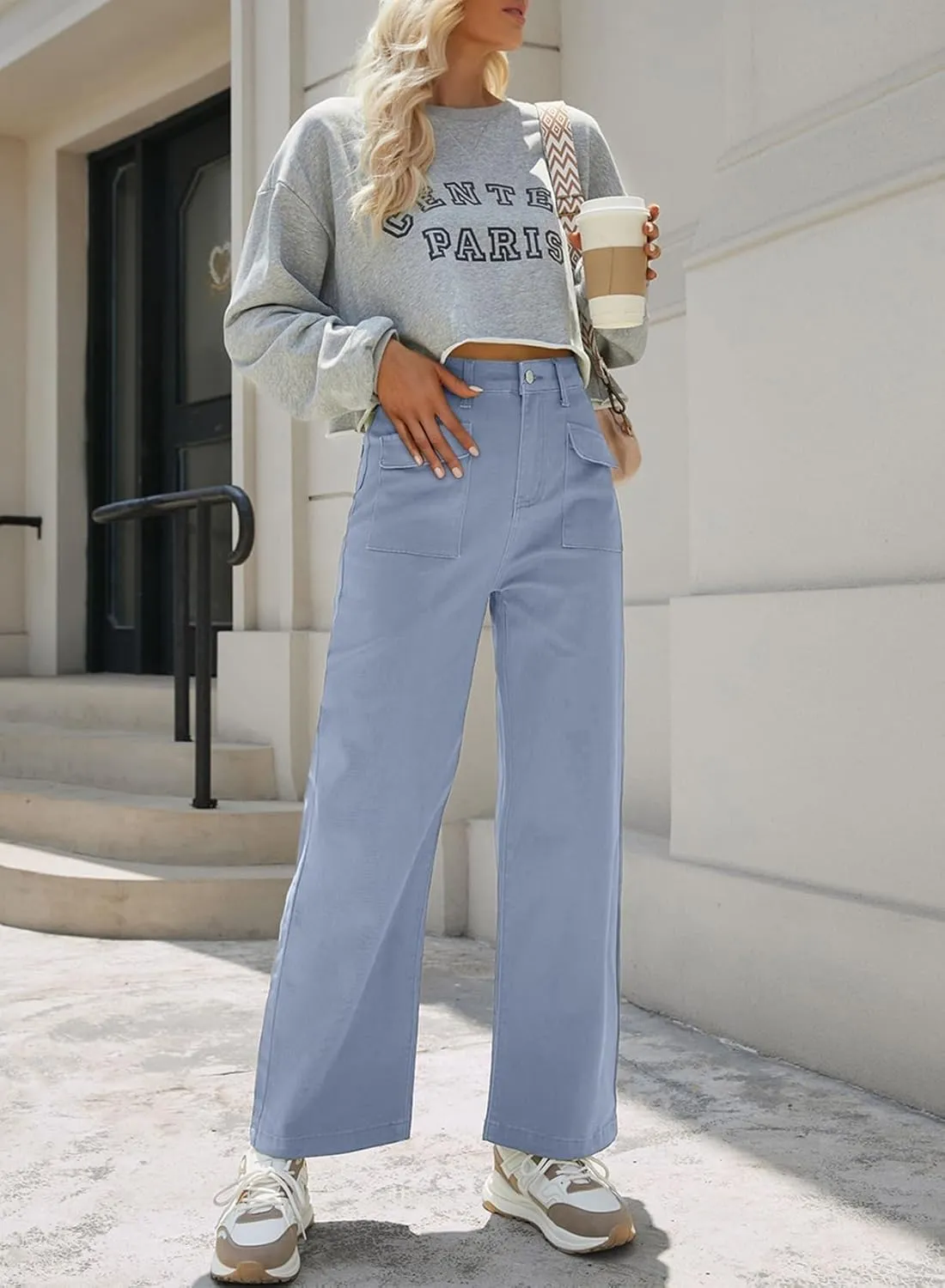 Dokotoo Womens Cargo Pants Women Baggy Wide Leg High Waist Casual Pants Jean Stretch Pants