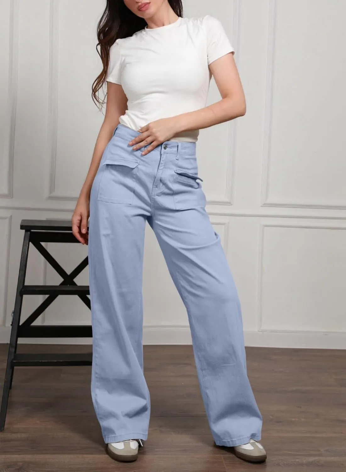 Dokotoo Womens Cargo Pants Women Baggy Wide Leg High Waist Casual Pants Jean Stretch Pants