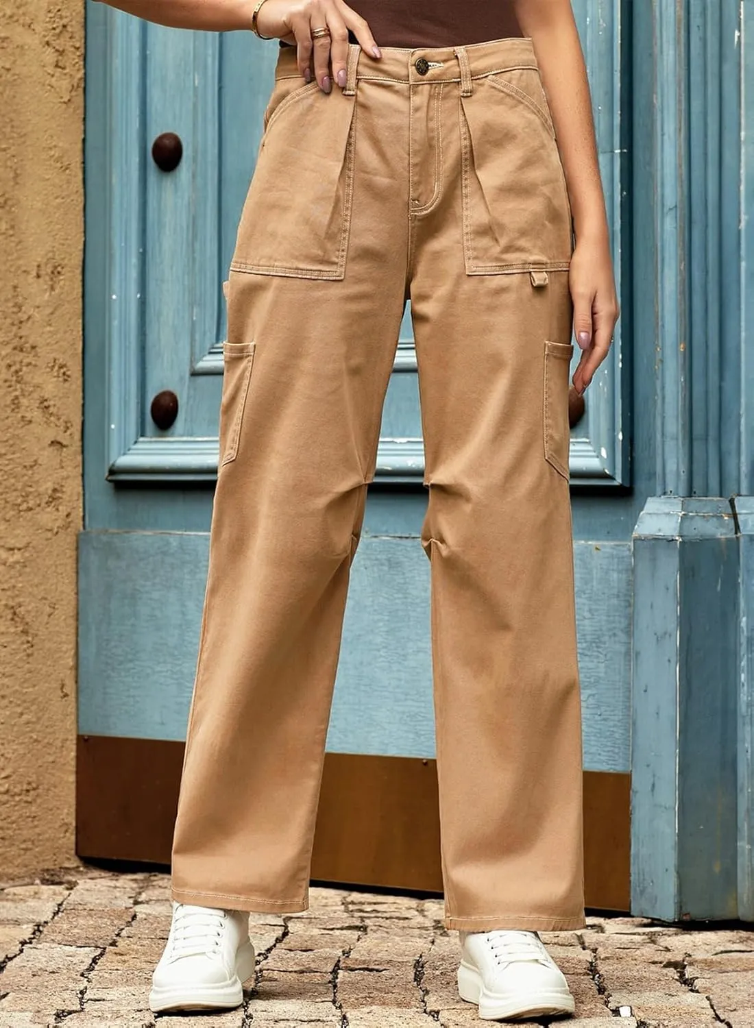 Dokotoo Womens Cargo Pants Women Baggy Wide Leg High Waist Casual Pants Jean Stretch Pants