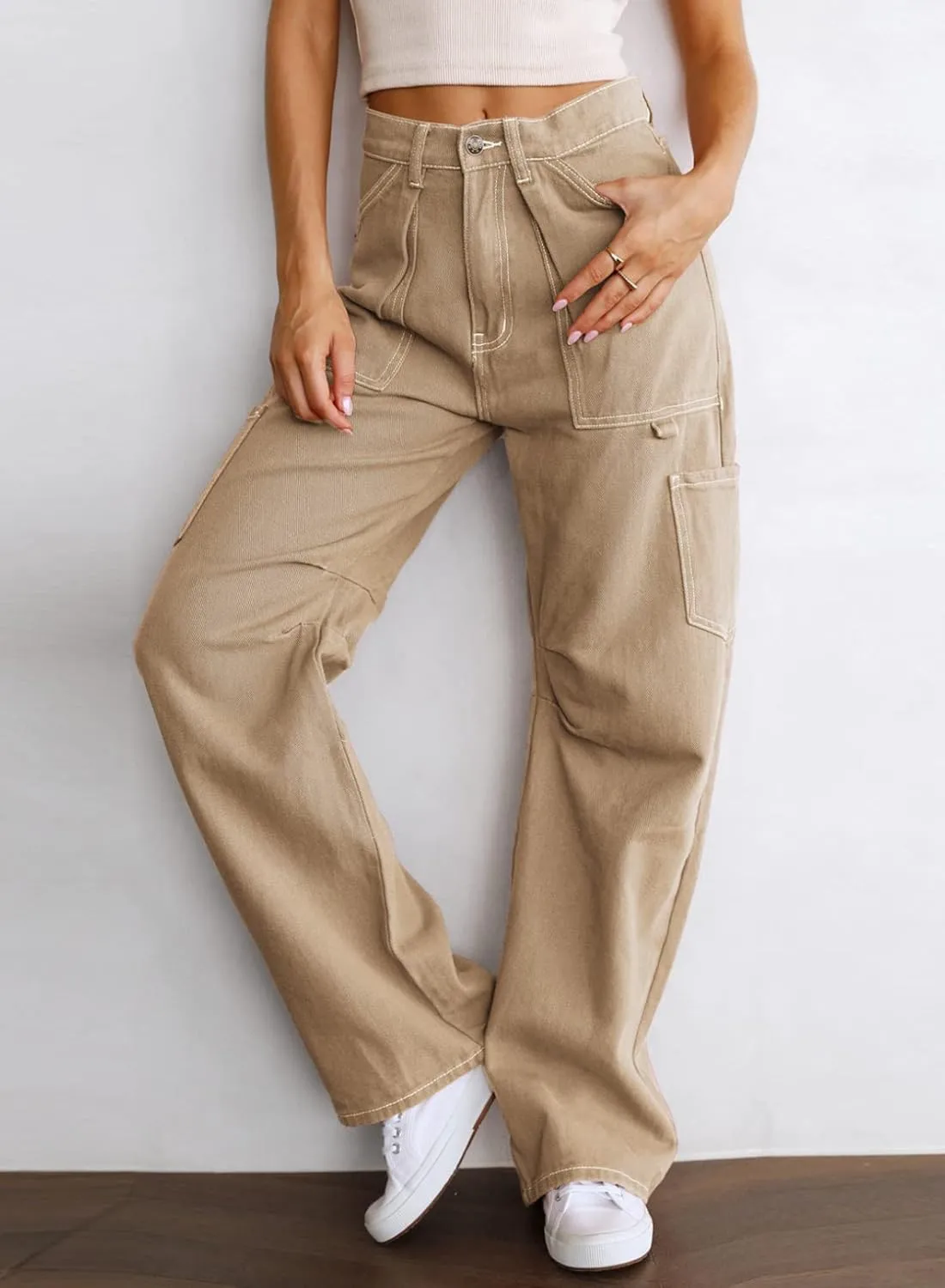 Dokotoo Womens Cargo Pants Women Baggy Wide Leg High Waist Casual Pants Jean Stretch Pants