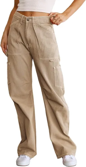 Dokotoo Womens Cargo Pants Women Baggy Wide Leg High Waist Casual Pants Jean Stretch Pants
