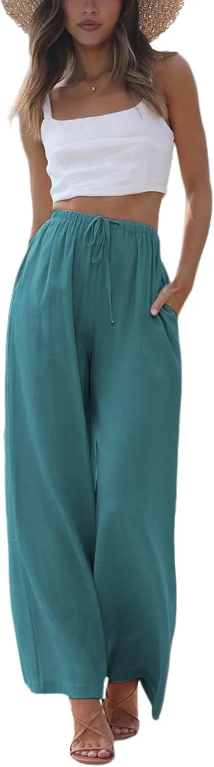Faleave Women's Cotton Linen Summer Palazzo Pants Flowy Wide Leg Beach Trousers with Pockets