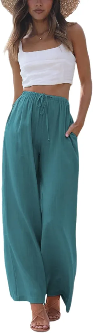 Faleave Women's Cotton Linen Summer Palazzo Pants Flowy Wide Leg Beach Trousers with Pockets