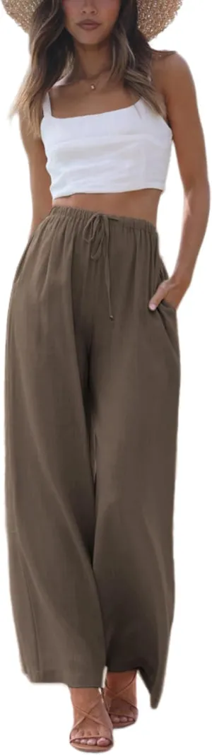 Faleave Women's Cotton Linen Summer Palazzo Pants Flowy Wide Leg Beach Trousers with Pockets