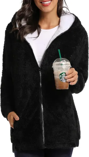 Fleece Coat for Women,Women's Oversized Zip Up Hooded Jacket Winter Plus Size Sherpa Coat