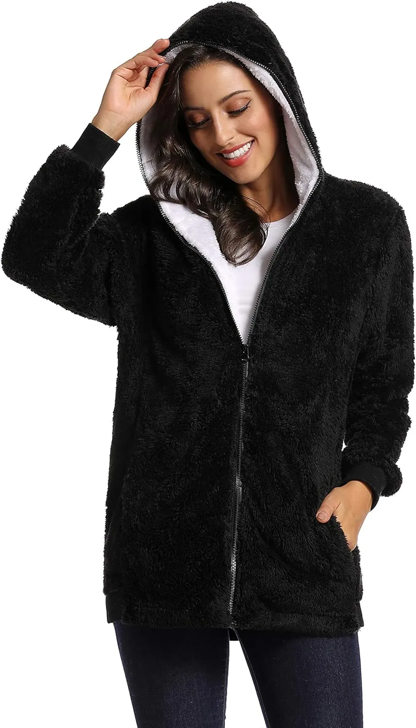 Fleece Coat for Women,Women's Oversized Zip Up Hooded Jacket Winter Plus Size Sherpa Coat