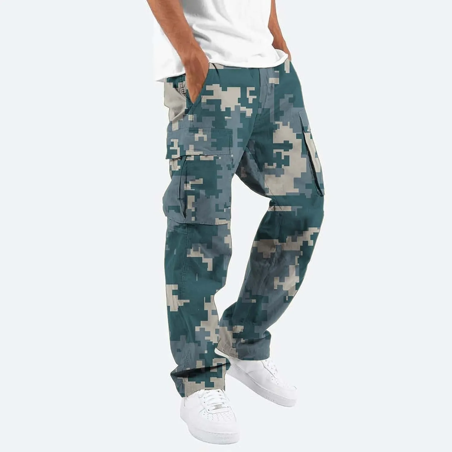 Fleece Pants for Men Men's Casual Camouflage Print Cargo Pants Drawstring Stretch Elastic Winter Warm Thick Track