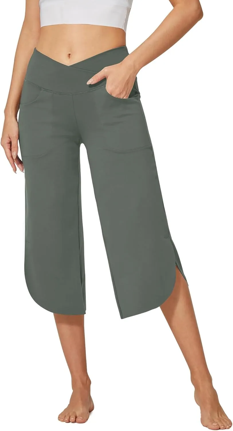 G4Free Capri Pants for Women Wide Leg Yoga Pants for Summer Flowy Capris Loose Casual Cropped Pants with Pockets
