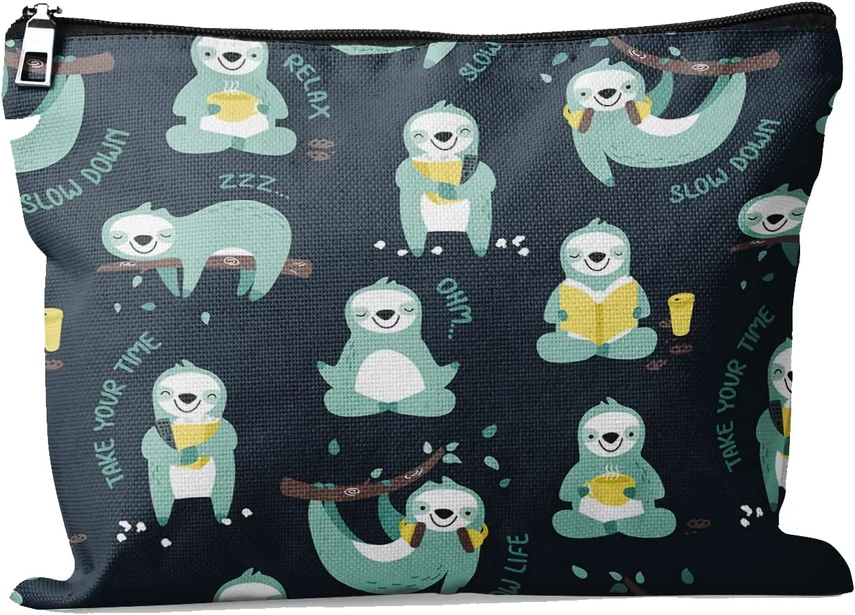 Giwawa Cute Sloth Makeup Bag Linen with Zipper Cosmetic Bag Relaxing Sports Sloth Reusable for Work Travel Play