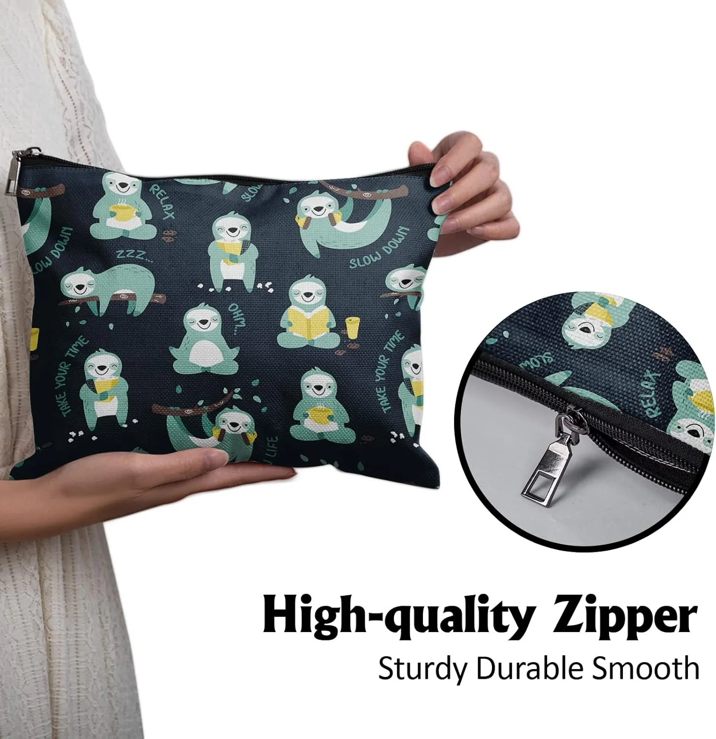 Giwawa Cute Sloth Makeup Bag Linen with Zipper Cosmetic Bag Relaxing Sports Sloth Reusable for Work Travel Play