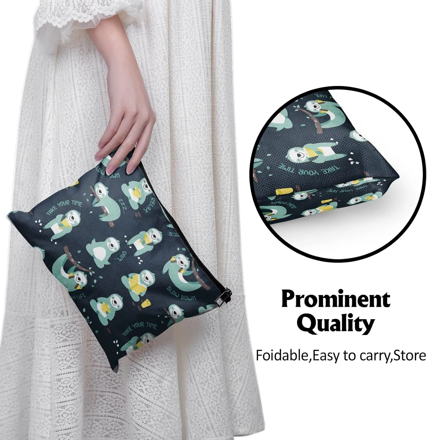Giwawa Cute Sloth Makeup Bag Linen with Zipper Cosmetic Bag Relaxing Sports Sloth Reusable for Work Travel Play