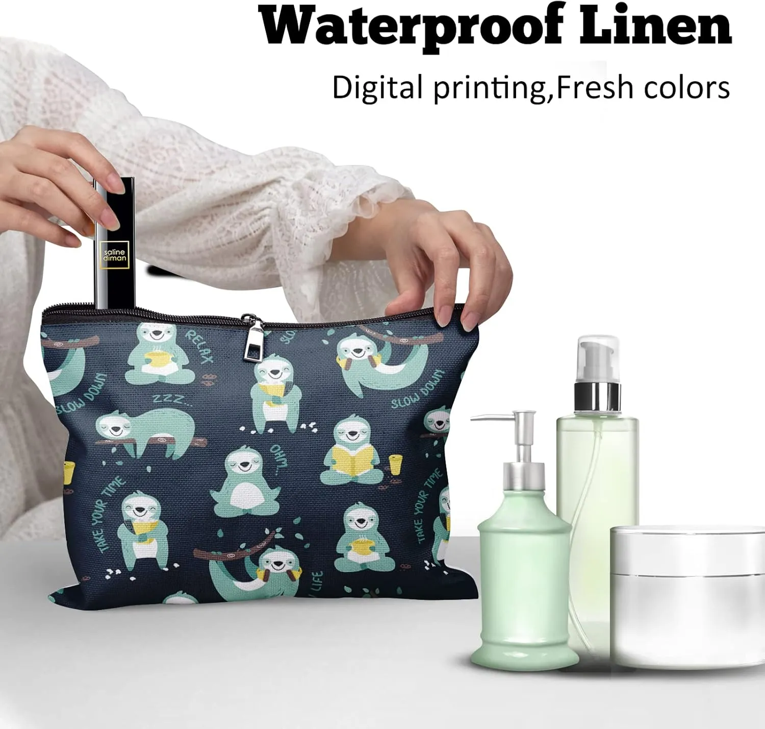 Giwawa Cute Sloth Makeup Bag Linen with Zipper Cosmetic Bag Relaxing Sports Sloth Reusable for Work Travel Play