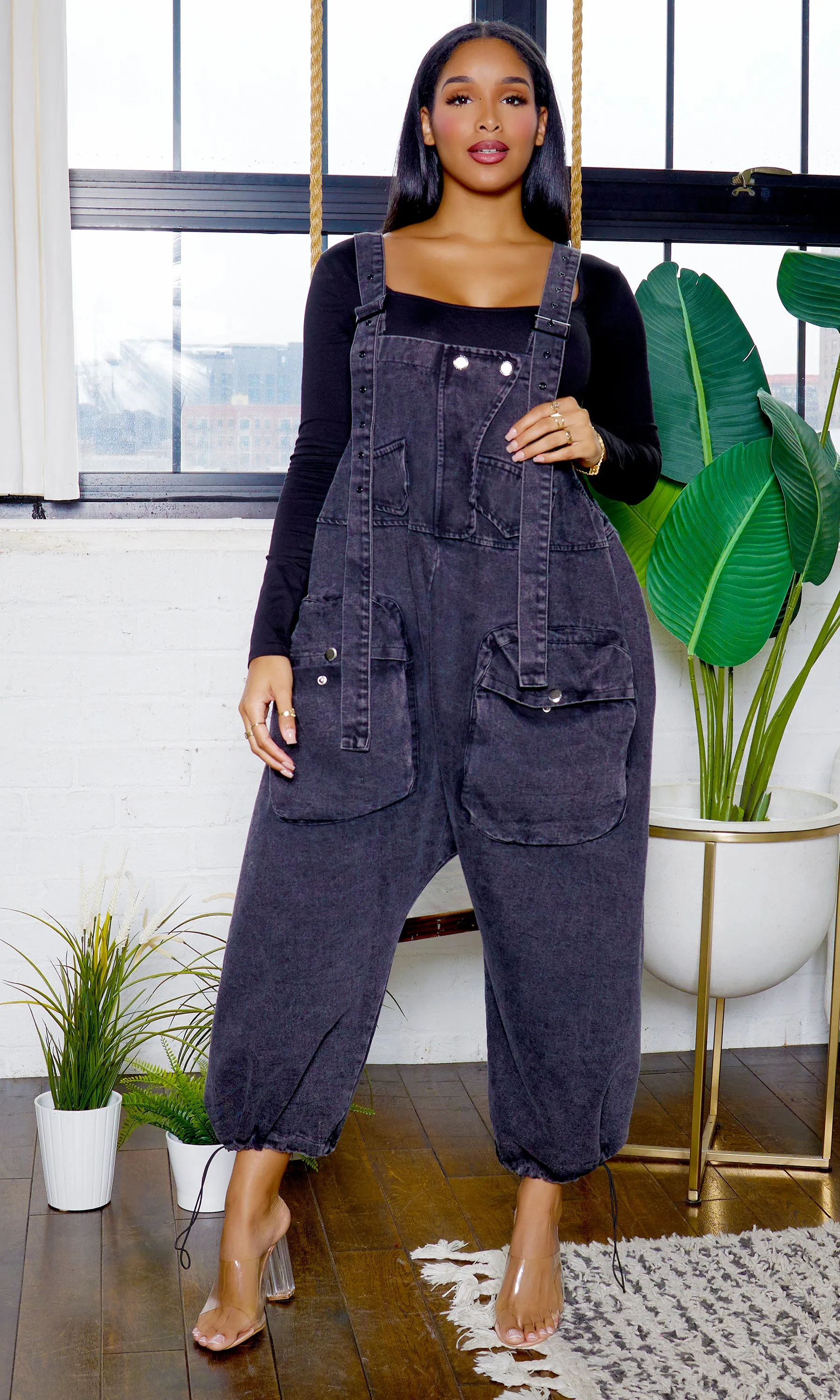Harem Denim Overall Jumpsuit - Black