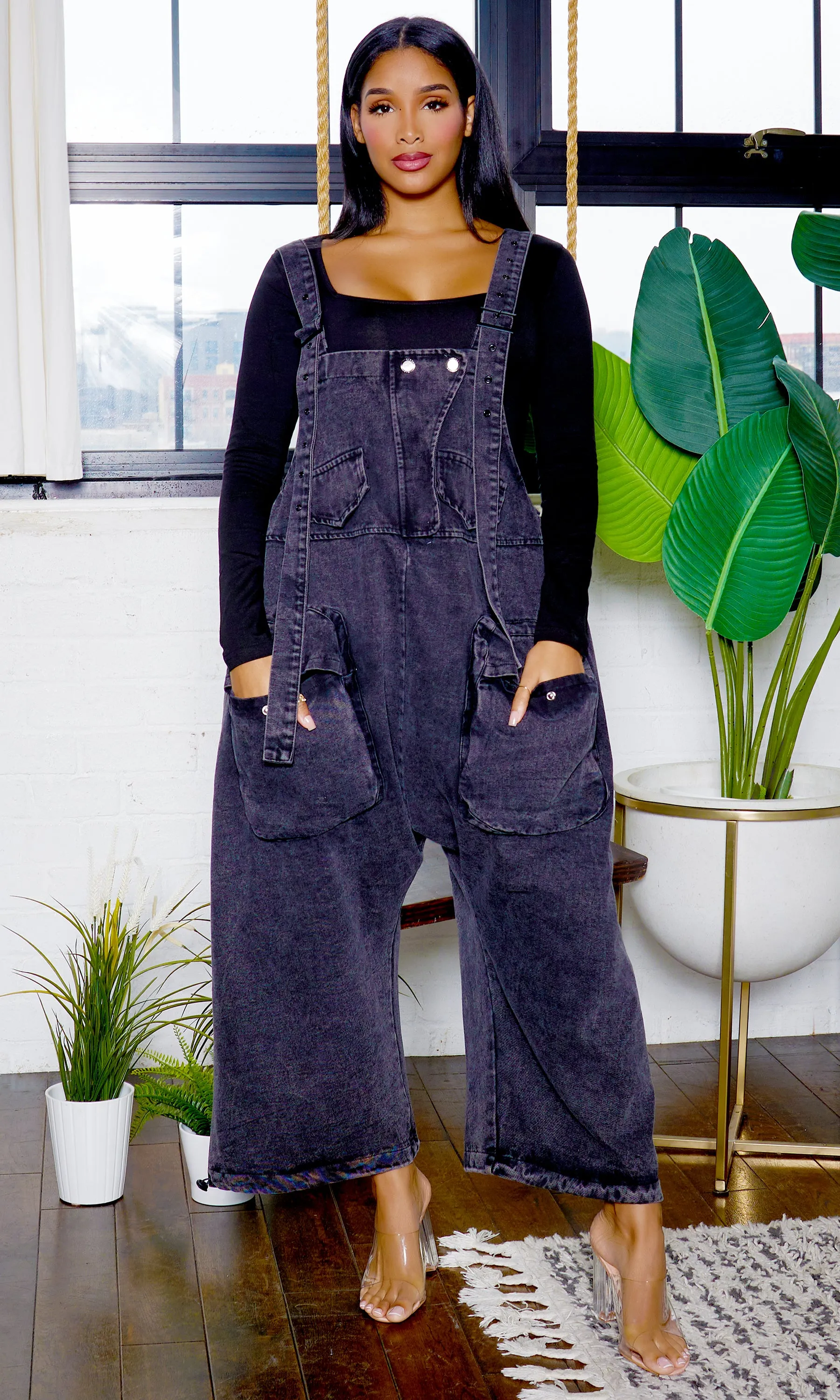 Harem Denim Overall Jumpsuit - Black