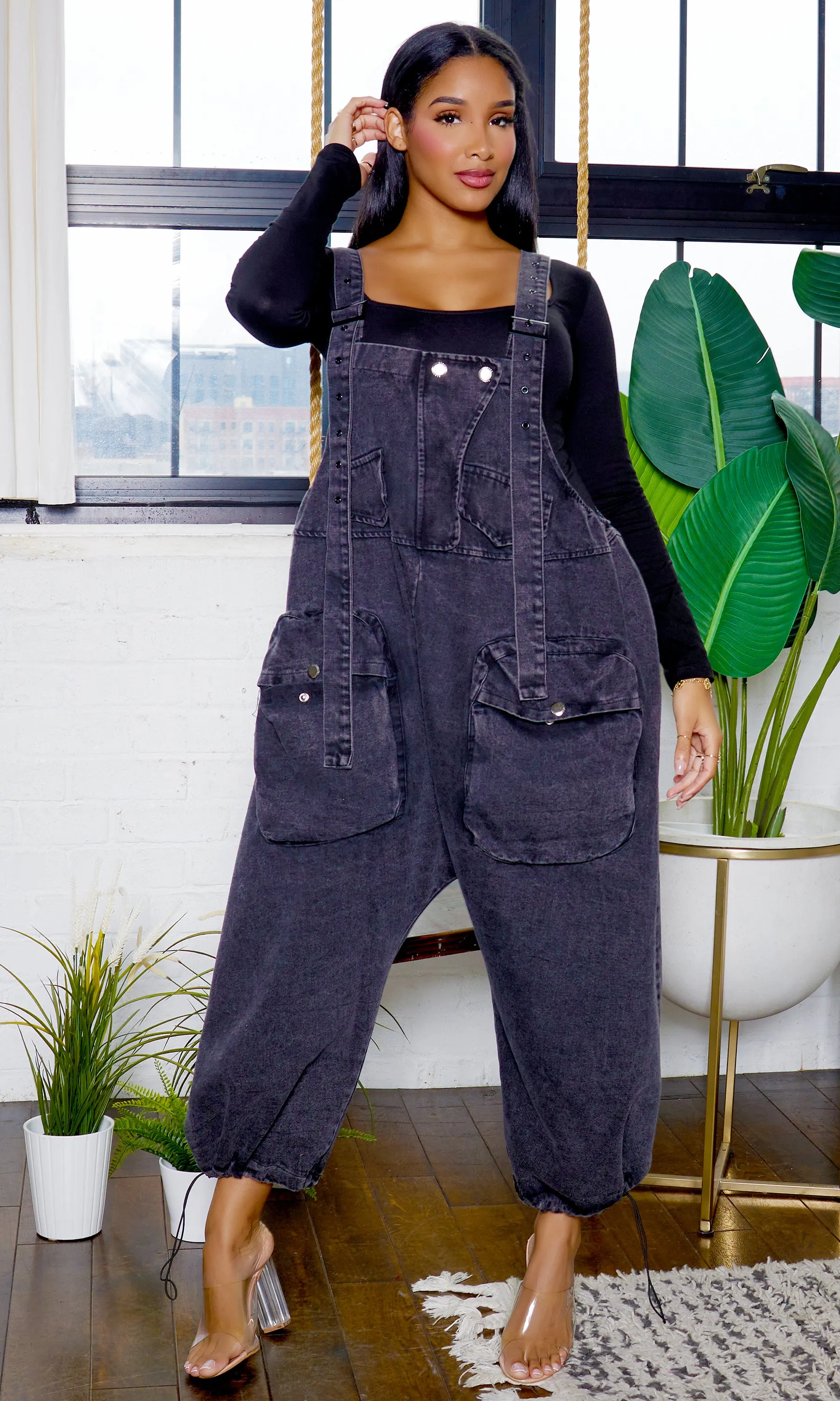 Harem Denim Overall Jumpsuit - Black