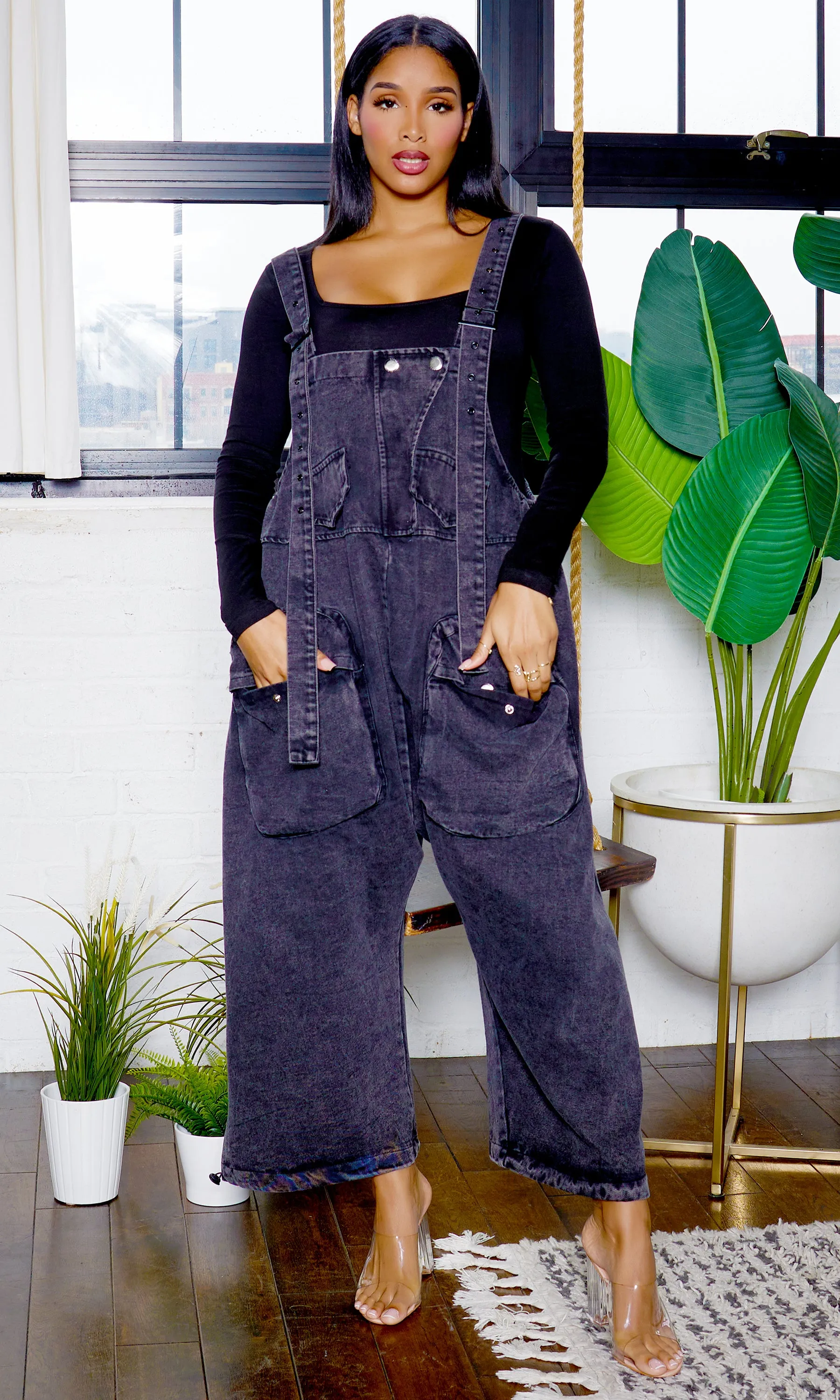 Harem Denim Overall Jumpsuit - Black