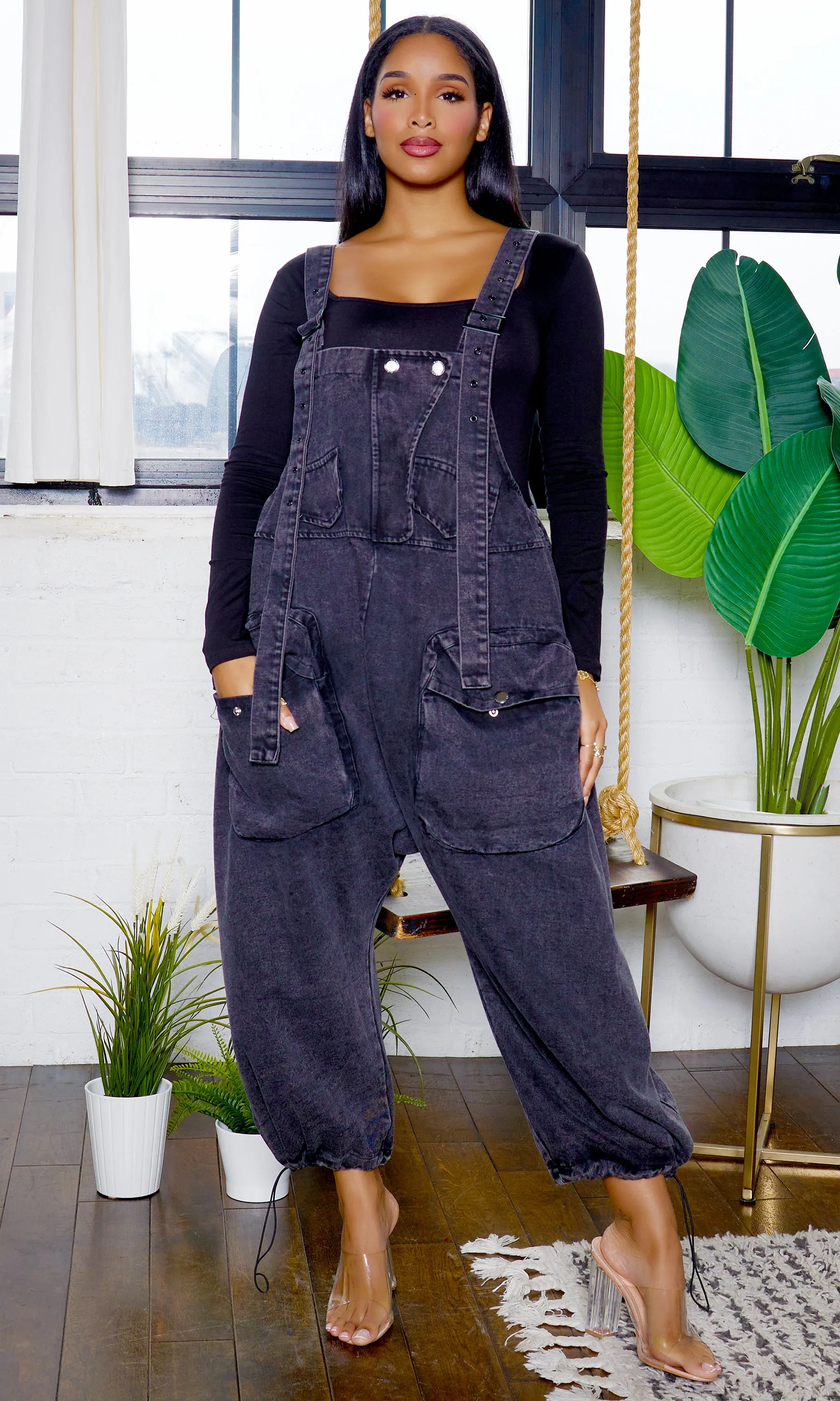 Harem Denim Overall Jumpsuit - Black