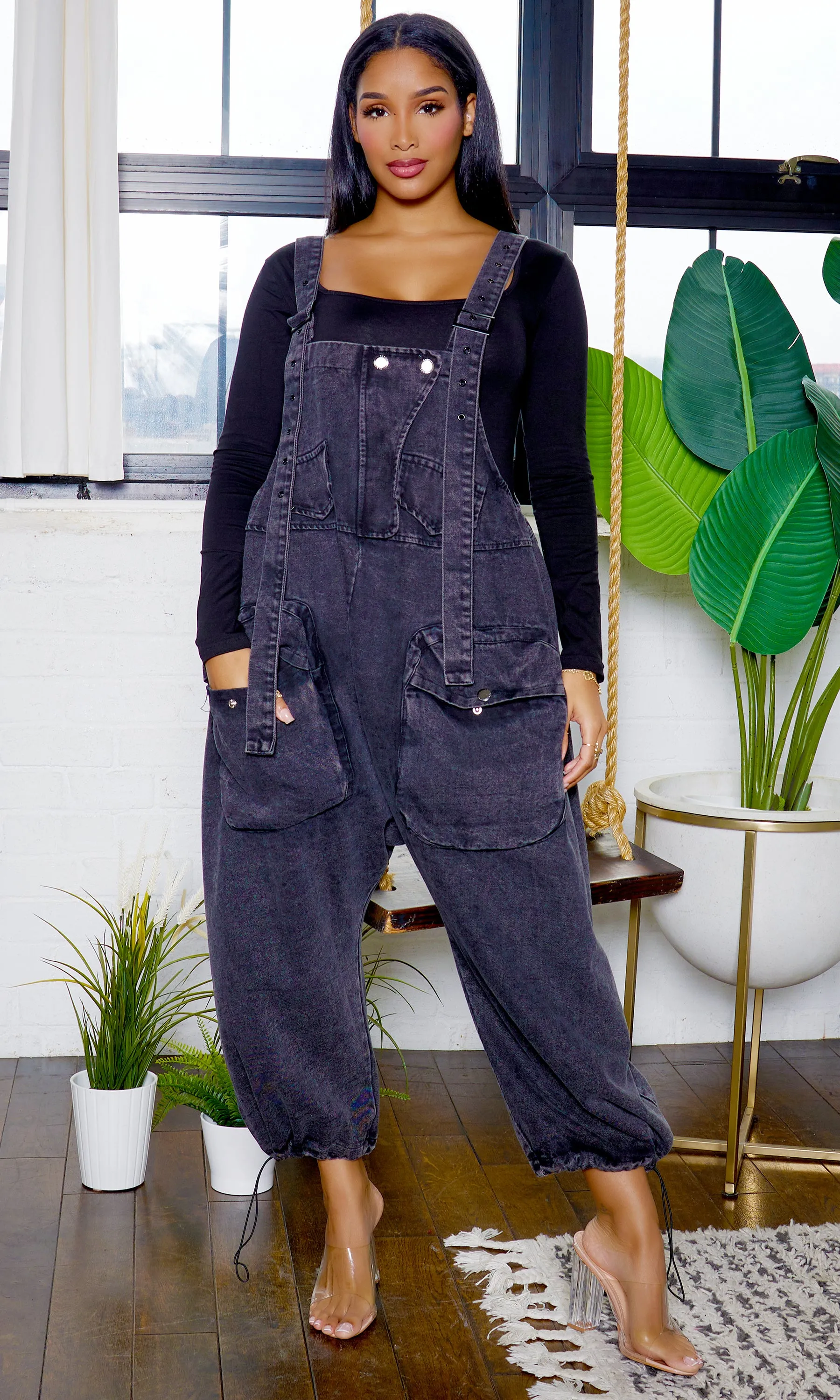 Harem Denim Overall Jumpsuit - Black