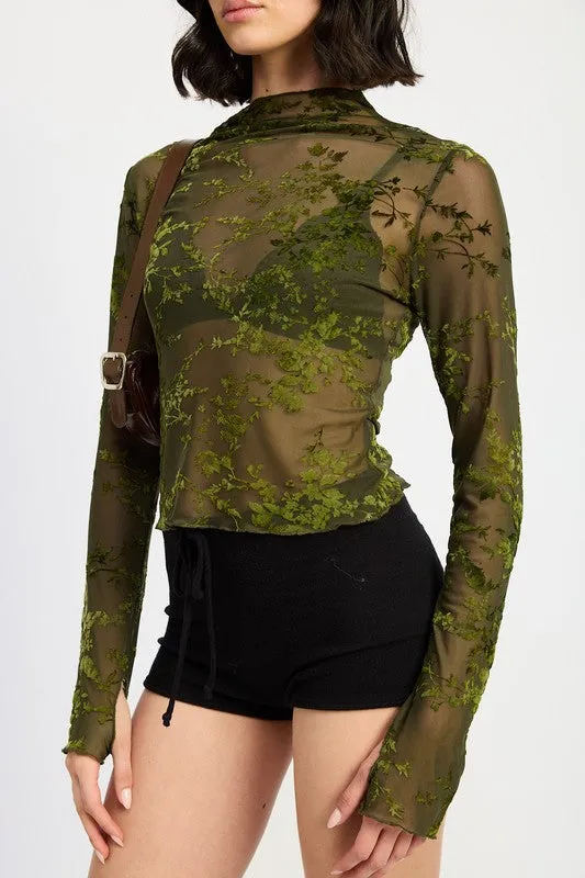 Hot Girl Hellebore Floral Lace Mock Neck Long Sleeve Top In Olive