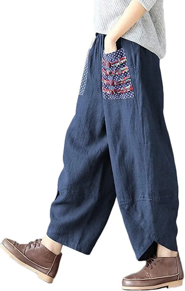 Hwayslon Women's Baggy Linen Wide Leg Trousers Casual Patchwork Elastic Waist Harem Pants Harlan Pants M -XXL