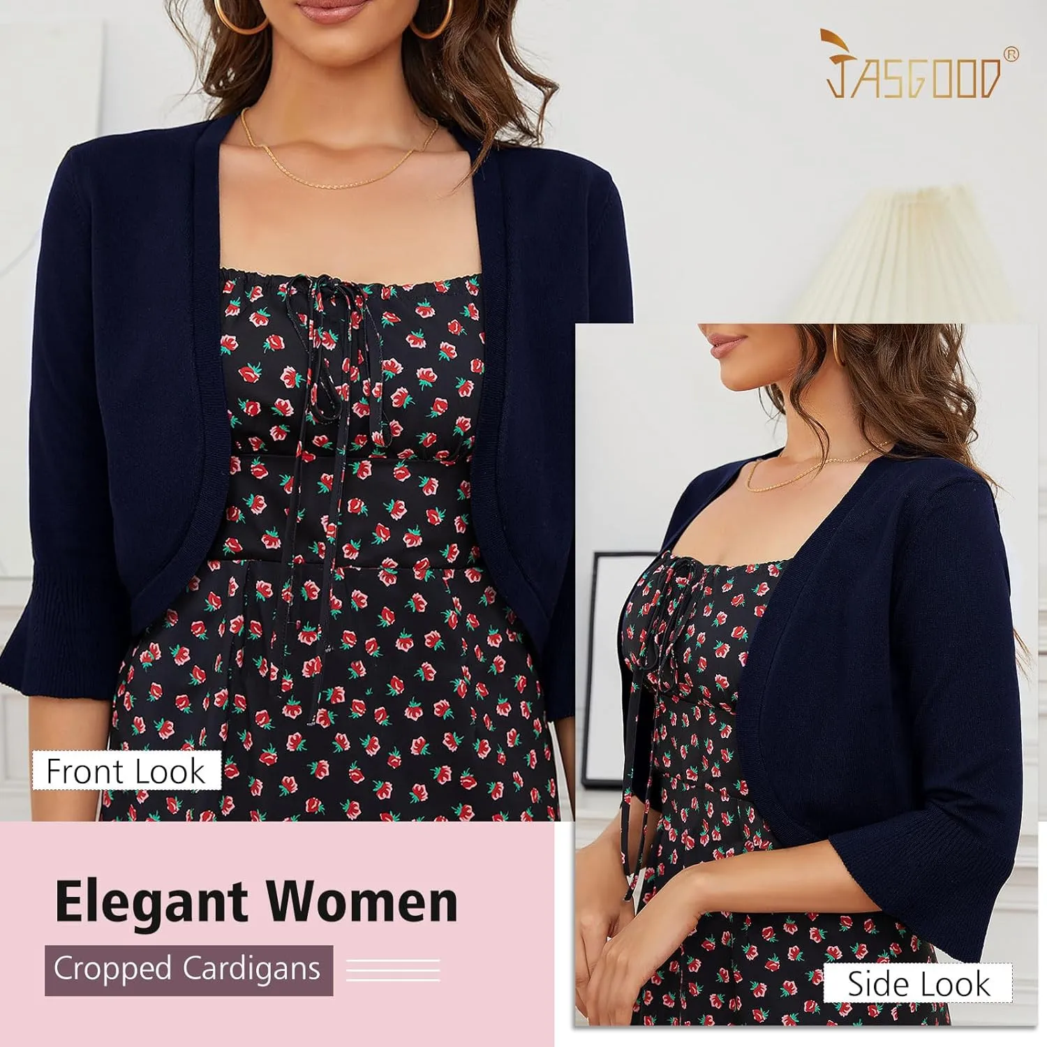 JASGOOD Womens 3/4 Sleeve Cardigan for Dress Bolero Open Front Knit Cropped Shrugs Lightweight Sweater