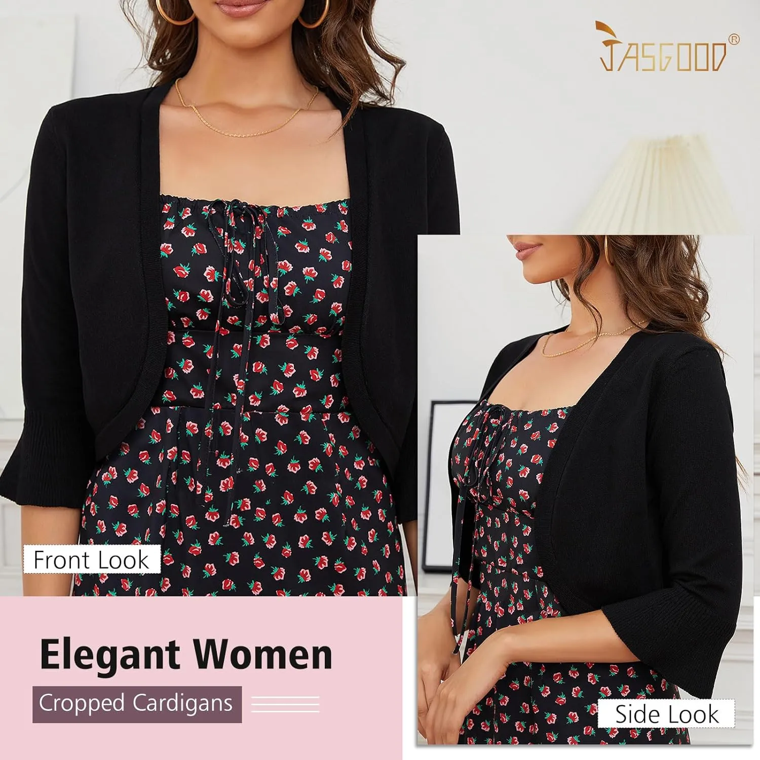 JASGOOD Womens 3/4 Sleeve Cardigan for Dress Bolero Open Front Knit Cropped Shrugs Lightweight Sweater