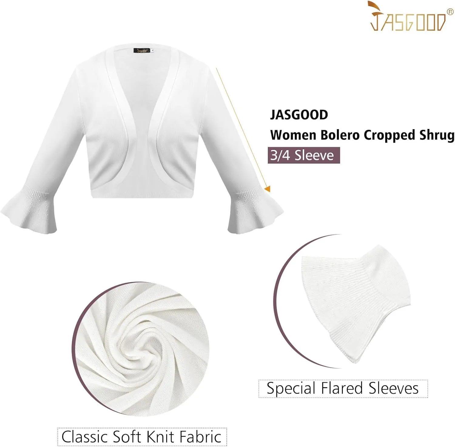 JASGOOD Womens 3/4 Sleeve Cardigan for Dress Bolero Open Front Knit Cropped Shrugs Lightweight Sweater