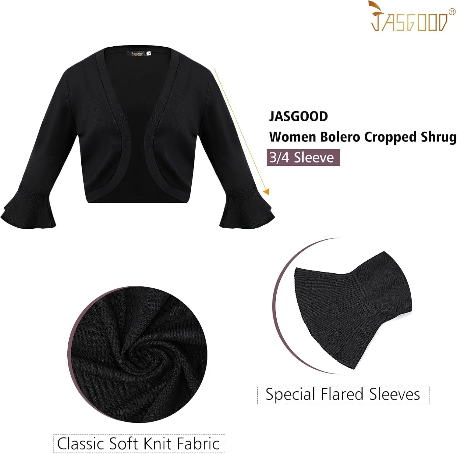 JASGOOD Womens 3/4 Sleeve Cardigan for Dress Bolero Open Front Knit Cropped Shrugs Lightweight Sweater