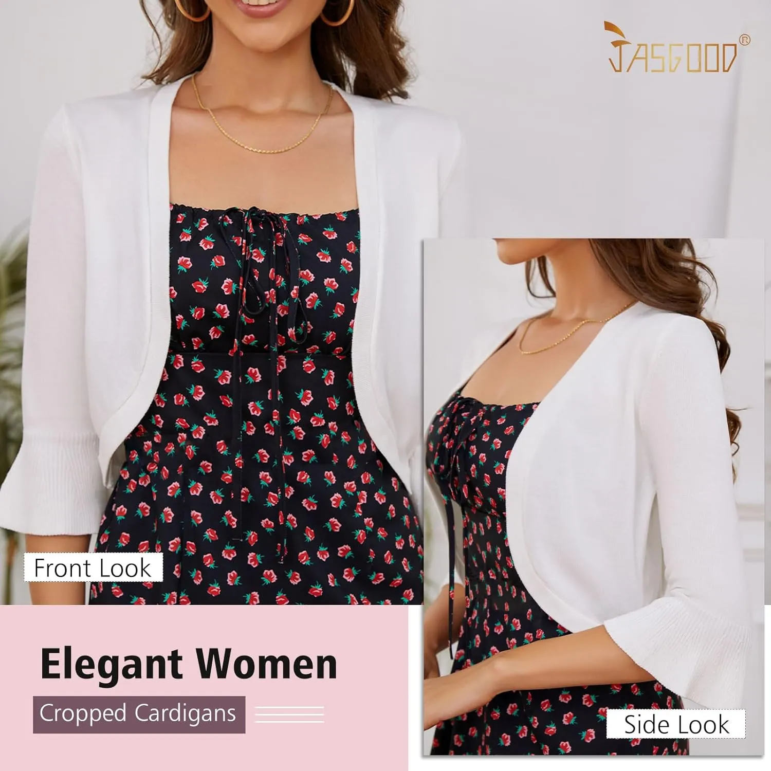 JASGOOD Womens 3/4 Sleeve Cardigan for Dress Bolero Open Front Knit Cropped Shrugs Lightweight Sweater