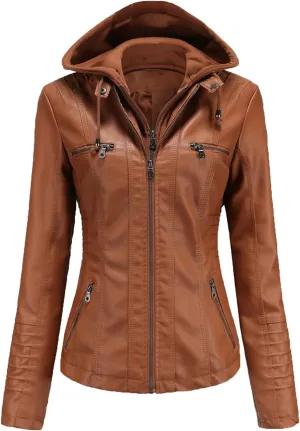 JEsilunmaMY Women's Leather Jacket with Removable Hooded Full Zip Long Sleeve Moto Biker Coat Plus Size Motorcycle Jackets