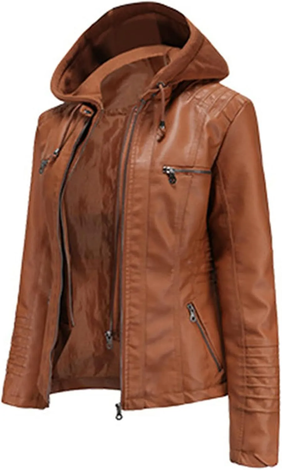 JEsilunmaMY Women's Leather Jacket with Removable Hooded Full Zip Long Sleeve Moto Biker Coat Plus Size Motorcycle Jackets