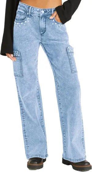 Kedera Womens Pearl Jeans High Waist Sright Leg Y2K Denim Pants Vintage Wash Trousers Streetwear Blue